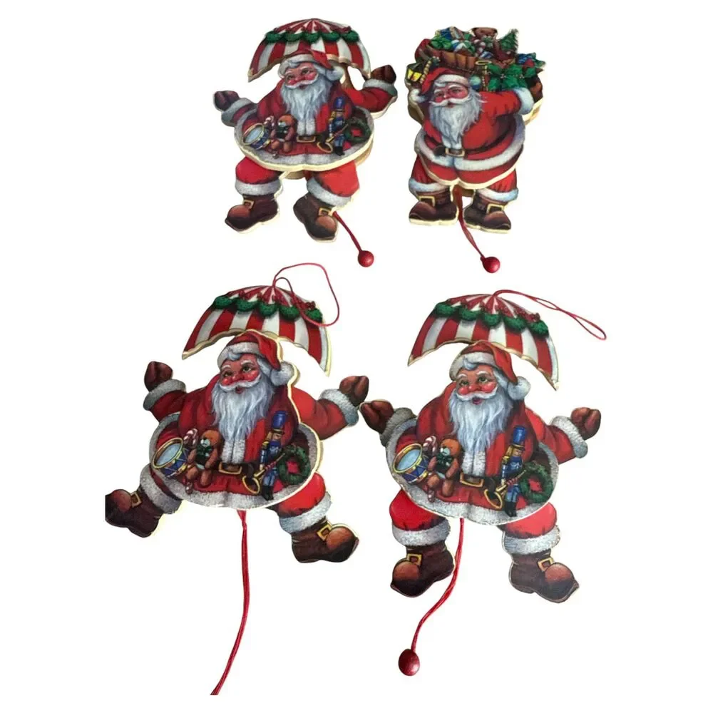 Lot of 4 Vintage Jointed Pull String Santa Ornaments 9